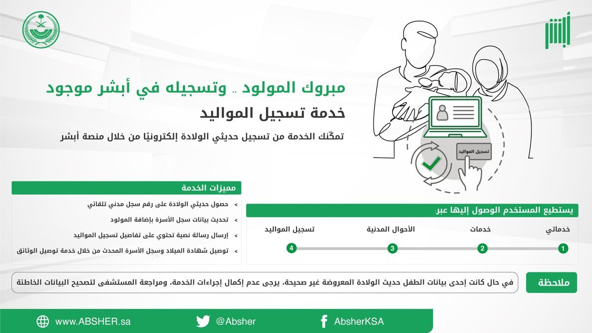 خطوات تسجيل المولود في السعودية عبر أبشر والأوراق المطلوبة