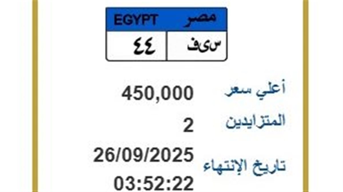«س ي ف 44 » يصل سعرها 450 ألف جنيه.. المرور تطرح لوحات مميزة بالمزاد