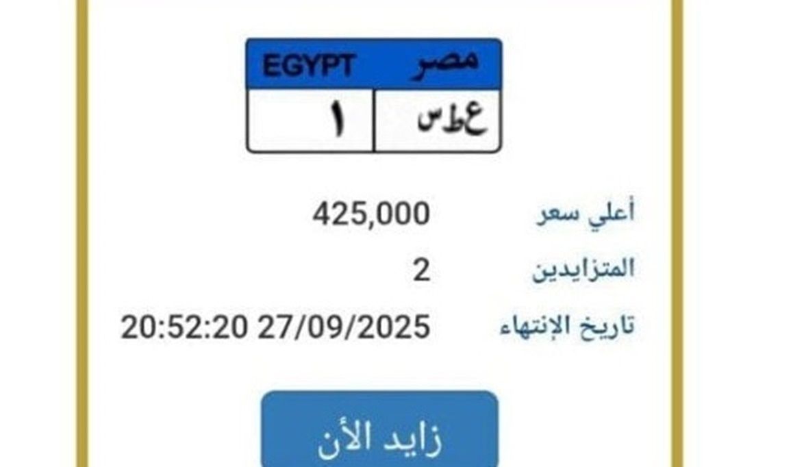 ” ع ط س  ” لوحة معدنية مميزة للسيارات تصل إلى 425 ألف جنيه