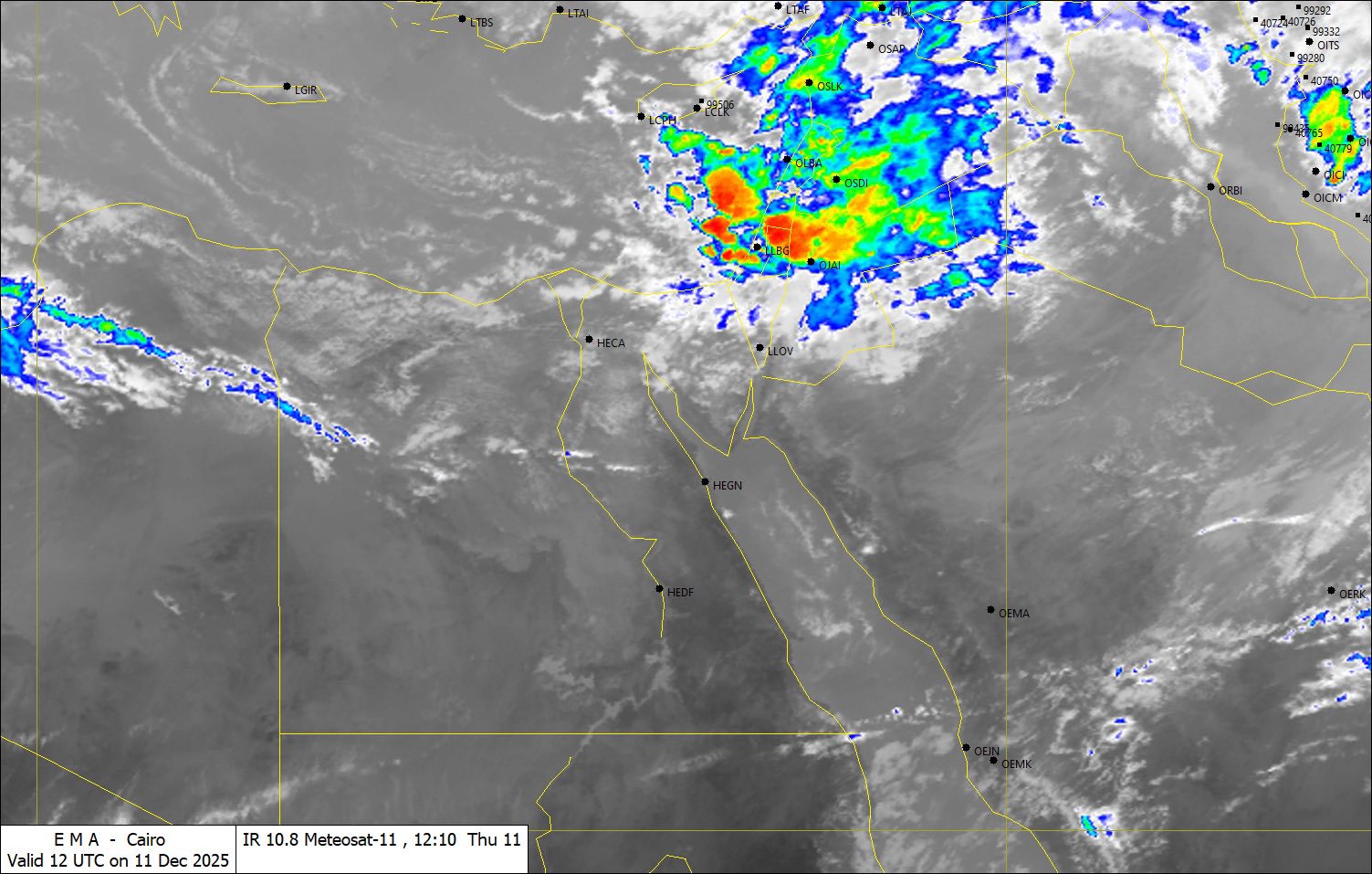 قد تكون صورة خريطة وتحتوي على النص 'LGIR OSAP 99293 9290 09322 99280 OITS 98280 HECA E MA Valid 12 UTC Cairo n1 Dec 2025 IR 10.8 Meteosat-11 12:10 Thu 11'