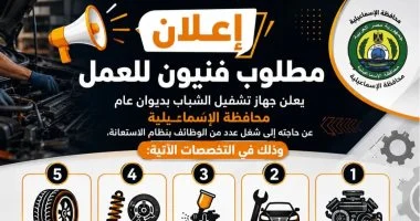 جهاز تشغيل الشباب بالإسماعيلية يعلن عن فرص عمل بديوان عام المحافظة